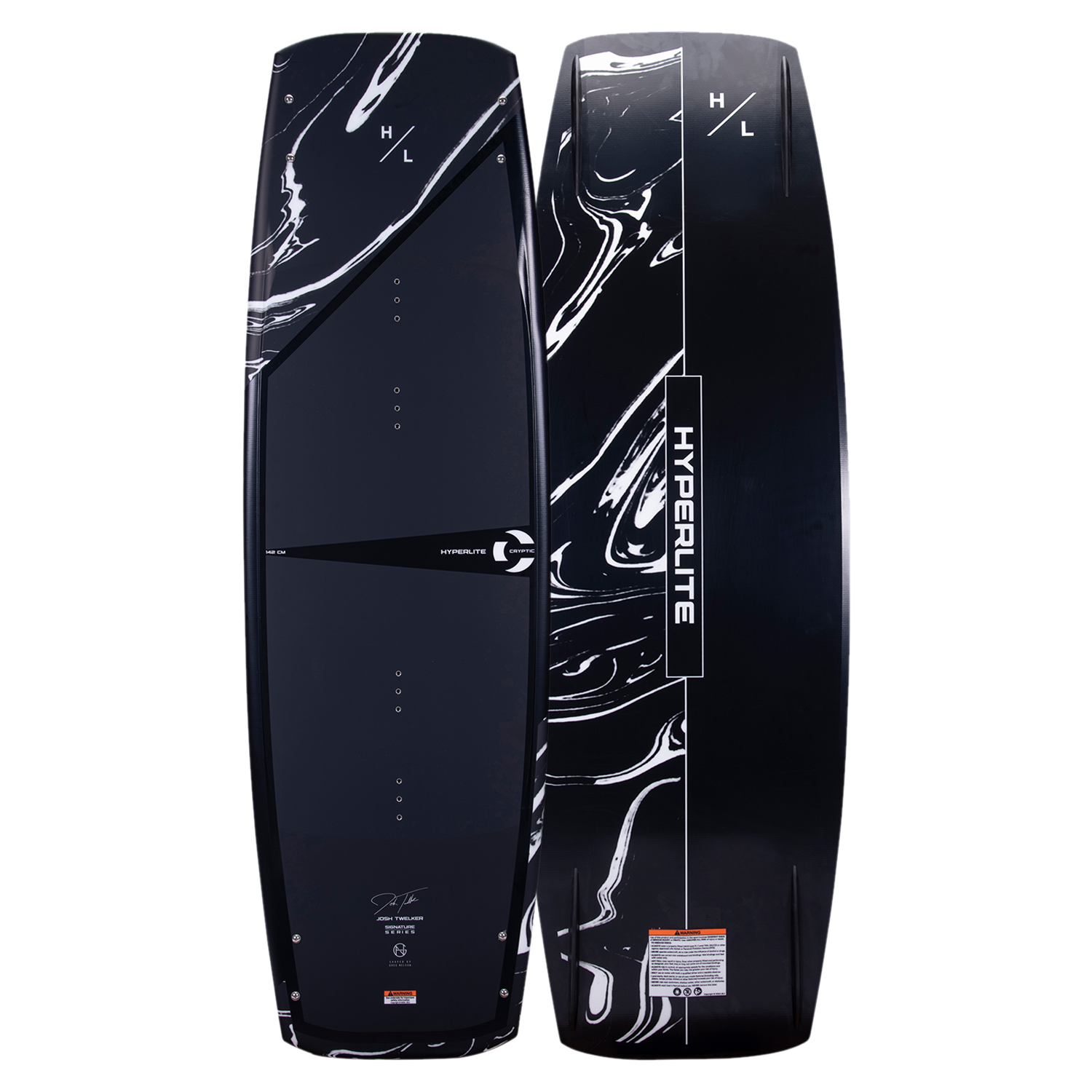 Top and base of Cryptic 2023 Hyperlite wakeboard with swirling patterns and variable edge design.