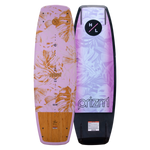 Top and base of Prizm 2023 wakeboard with tropical leaf designs, one pink and one purple.