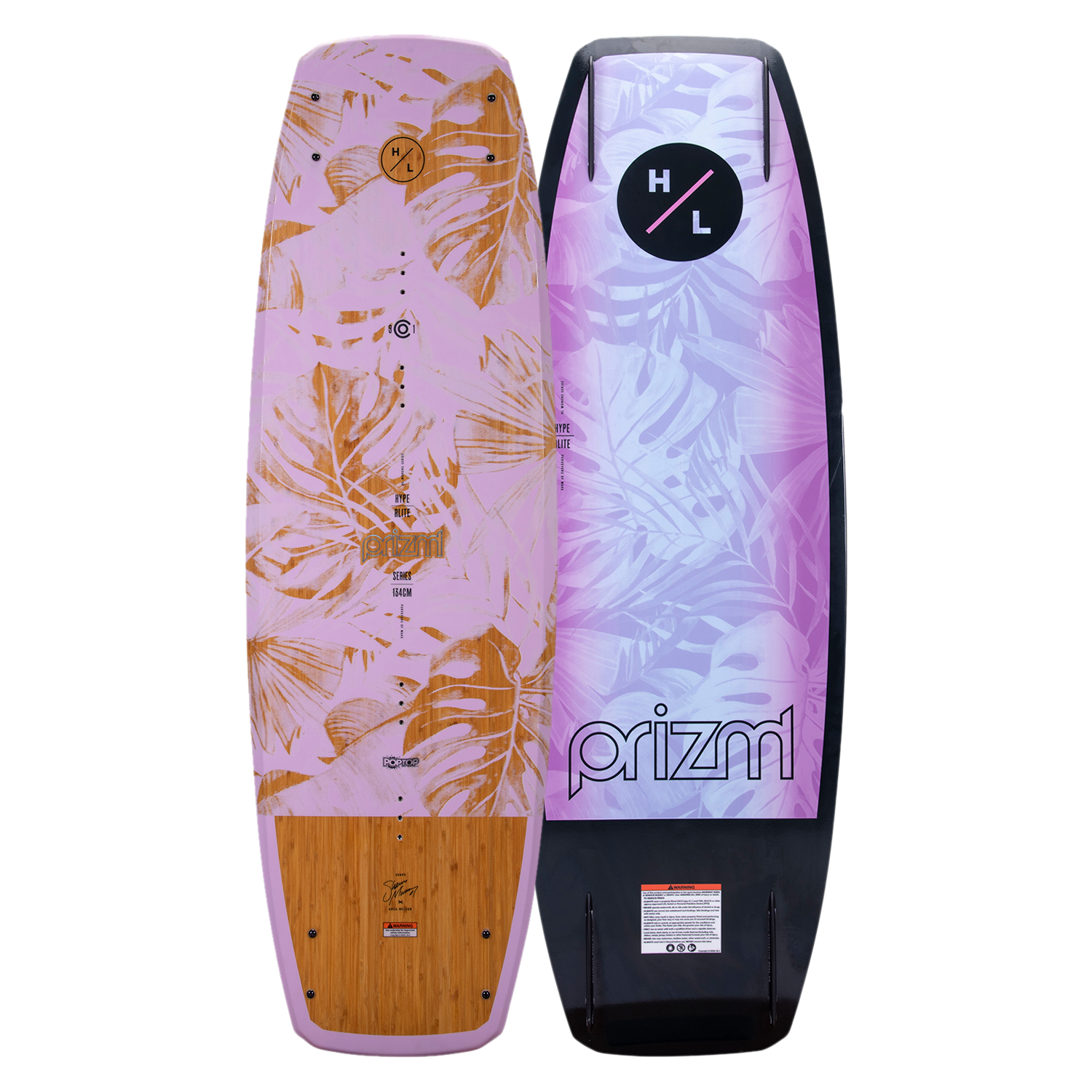 Top and base of Prizm 2023 wakeboard with tropical leaf designs, one pink and one purple.