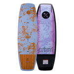 Top and base of colorful wakeboard with leaf patterns, logos, and a Prizm 2023 wakeboard design.