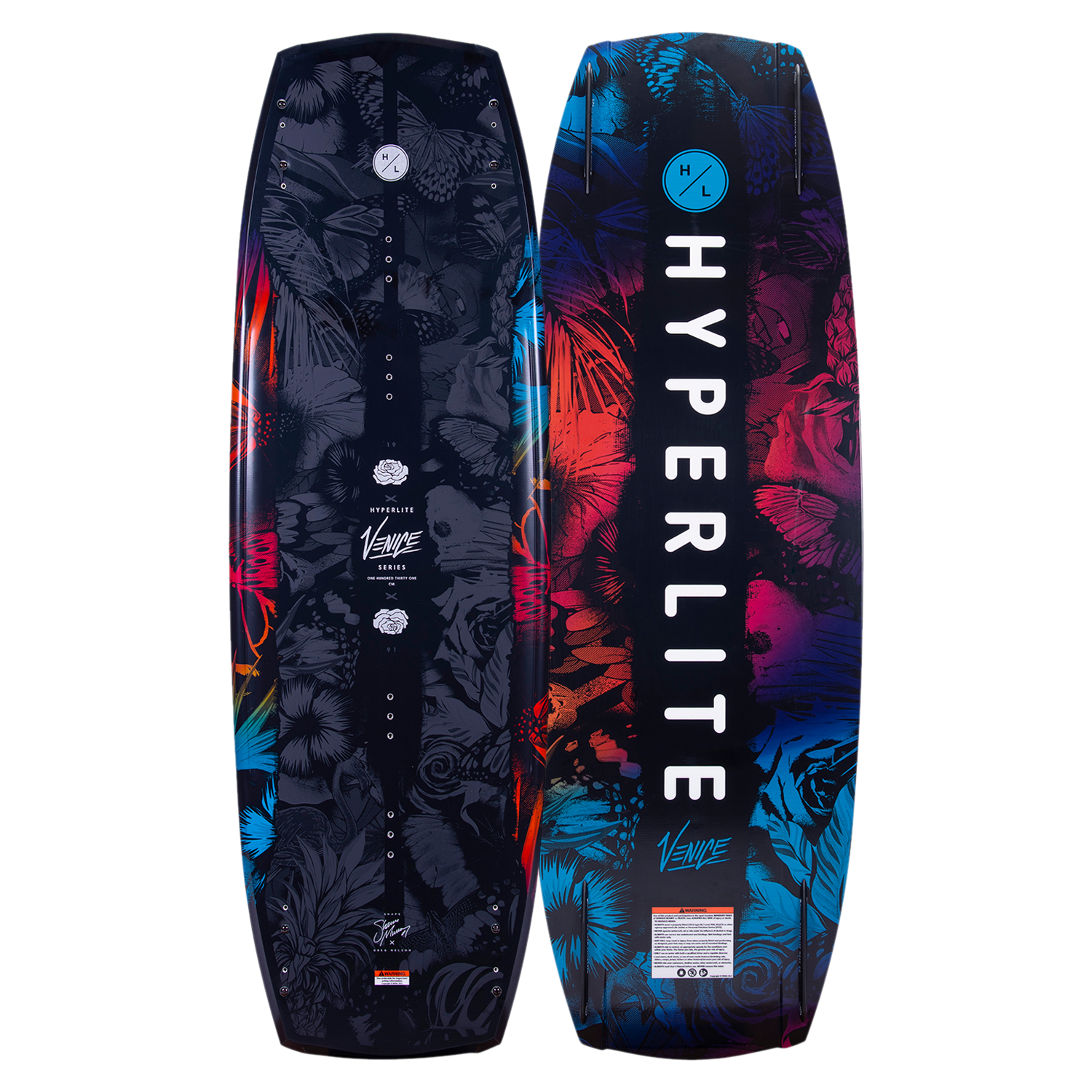 Top and base of Venice 2023 wakeboard, HYPERLITE text, vibrant patterns, and Variable Edge Design.