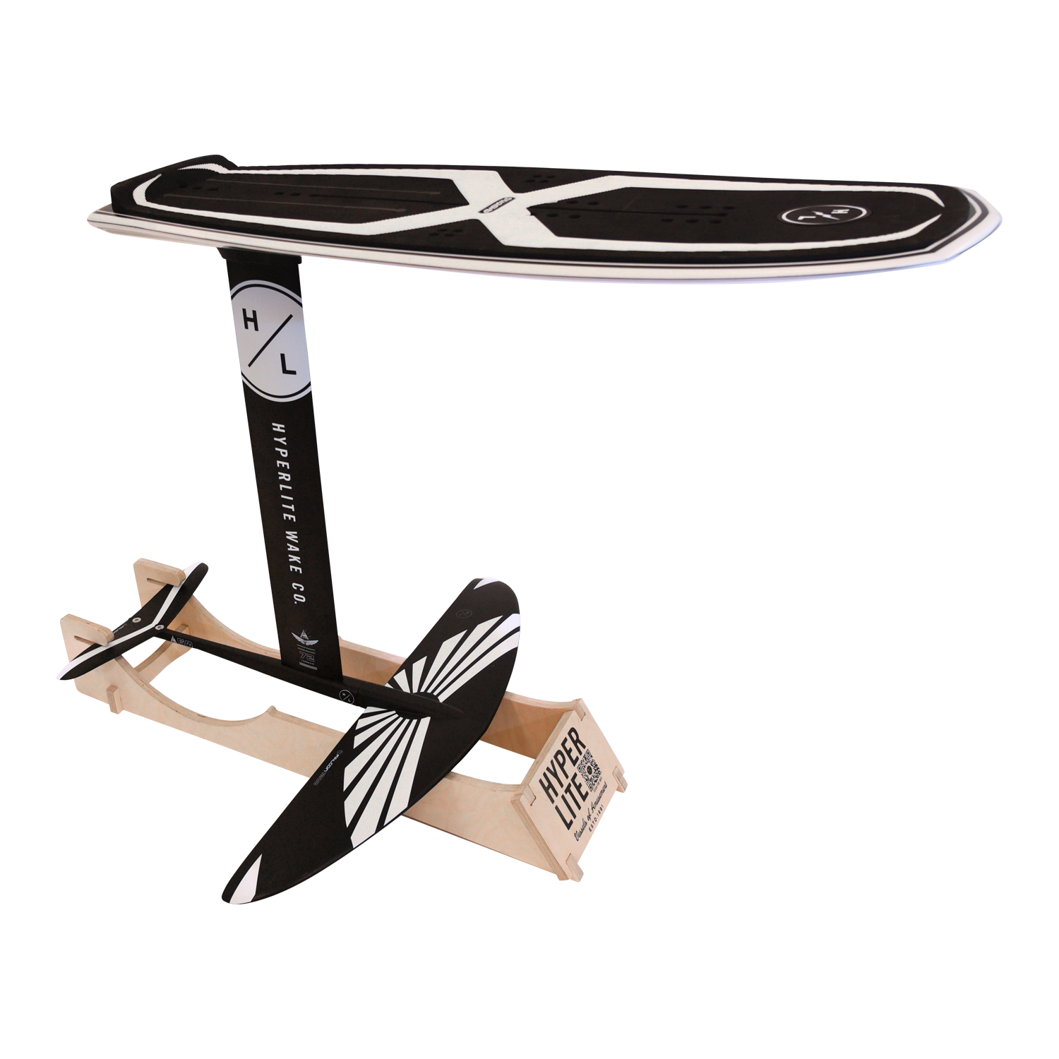 Foil Display Stand showcasing Hyperlite Foil with a wooden base.