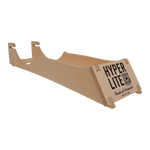 Wooden sled, Hyper Lite on side, displayed on a Foil Display Stand.