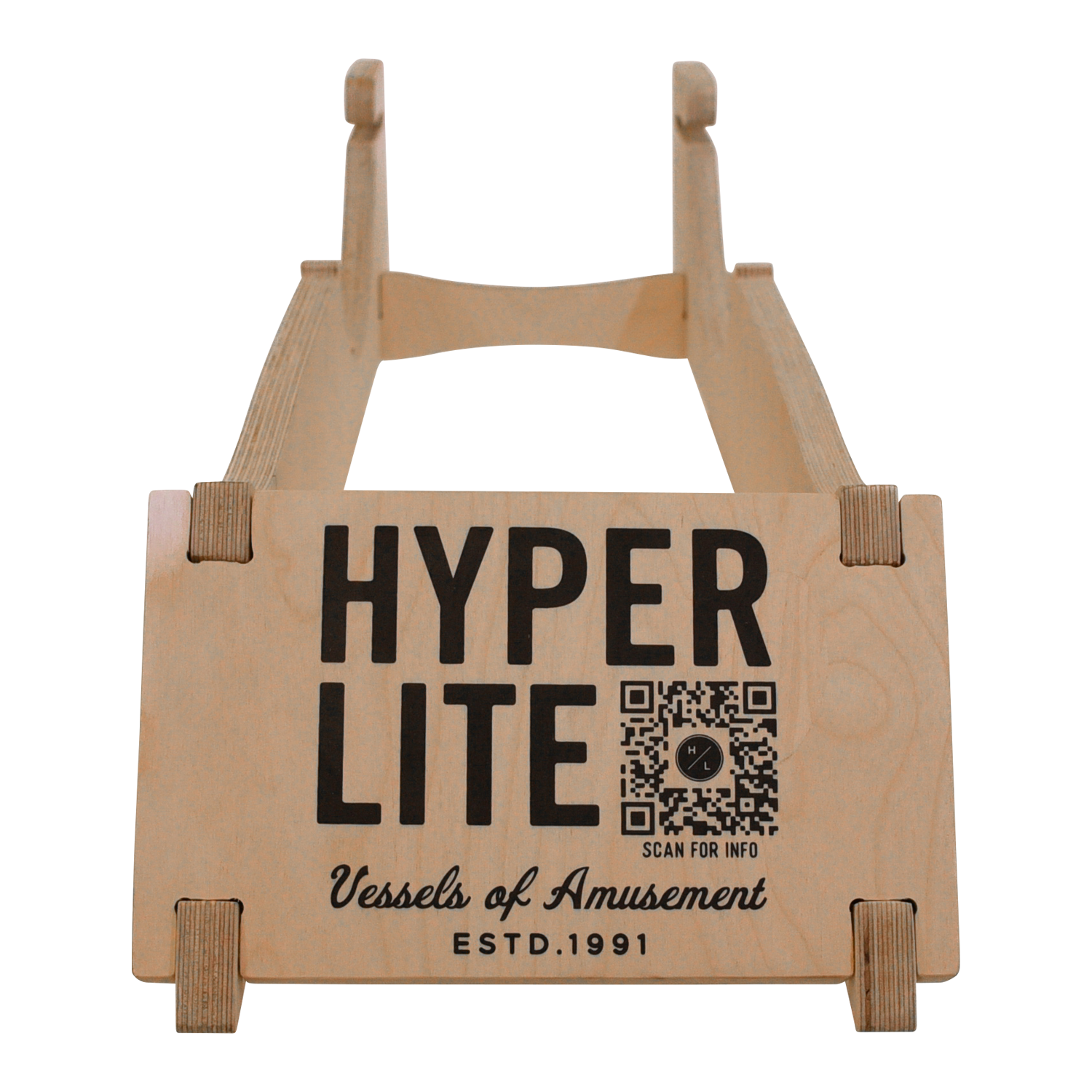 Wooden Foil Display Stand with QR code, Vessels of Amusement, ESTD. 1991.