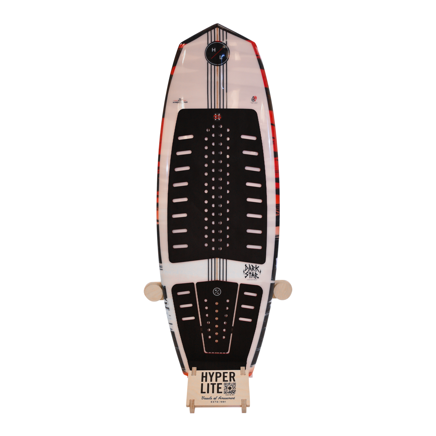 Hyperlite Wake& Surf Stand with black traction pad, white and red accents.