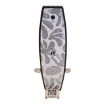 Wake& Surf Display Stand featuring black and gray abstract leaf design wakeboard.