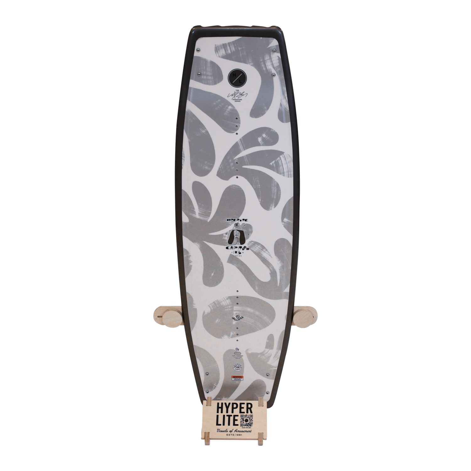 Wake& Surf Display Stand featuring black and gray abstract leaf design wakeboard.