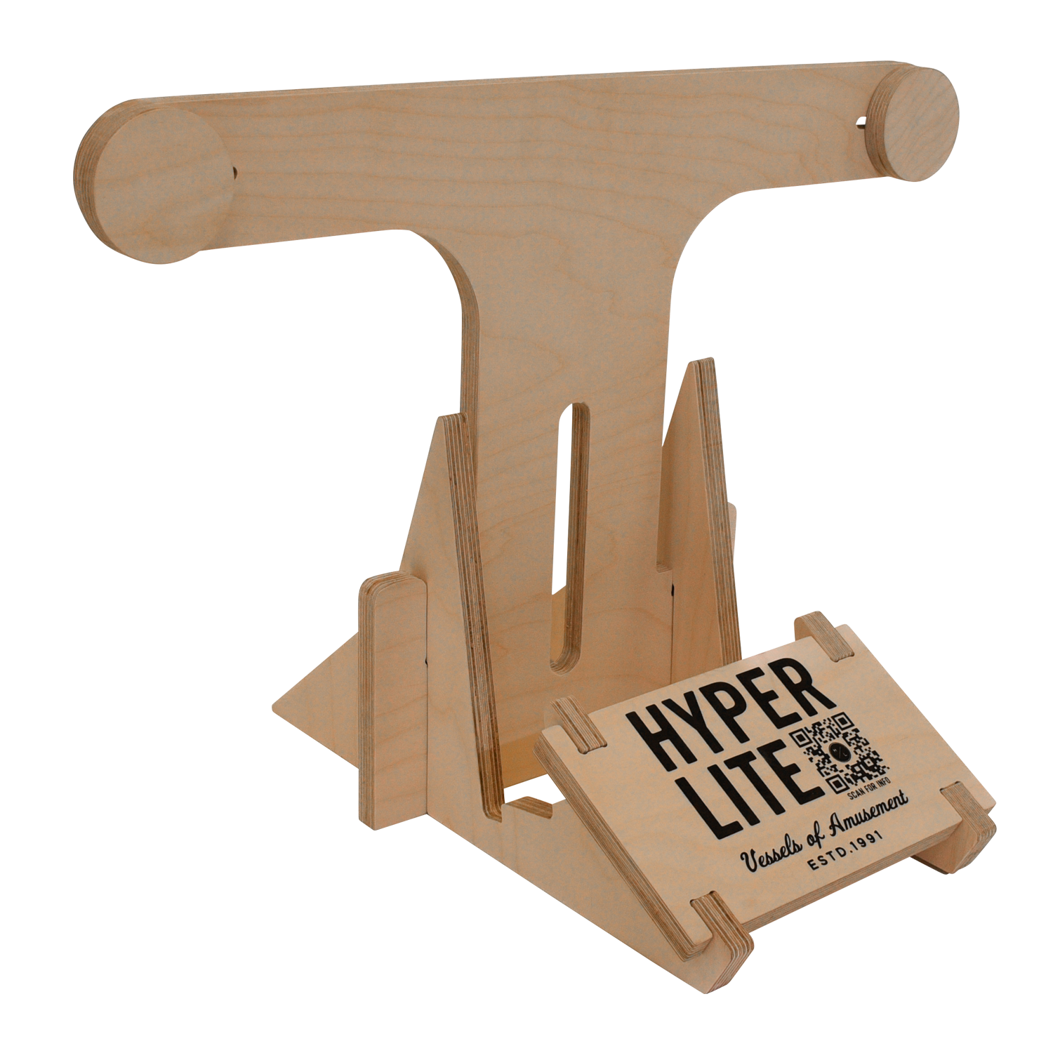 Wake& Surf Display Stand with QR code and Vessel of Amusement EST. 1981 text.