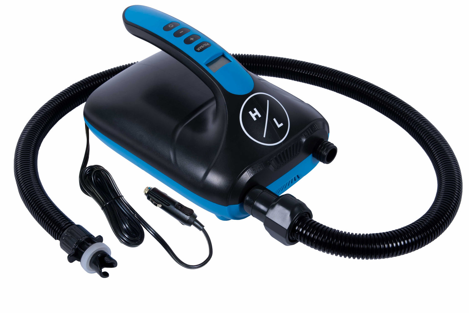 Electric pump with digital controls, air hose, and plug-in adapter for inflating the paddleboard.