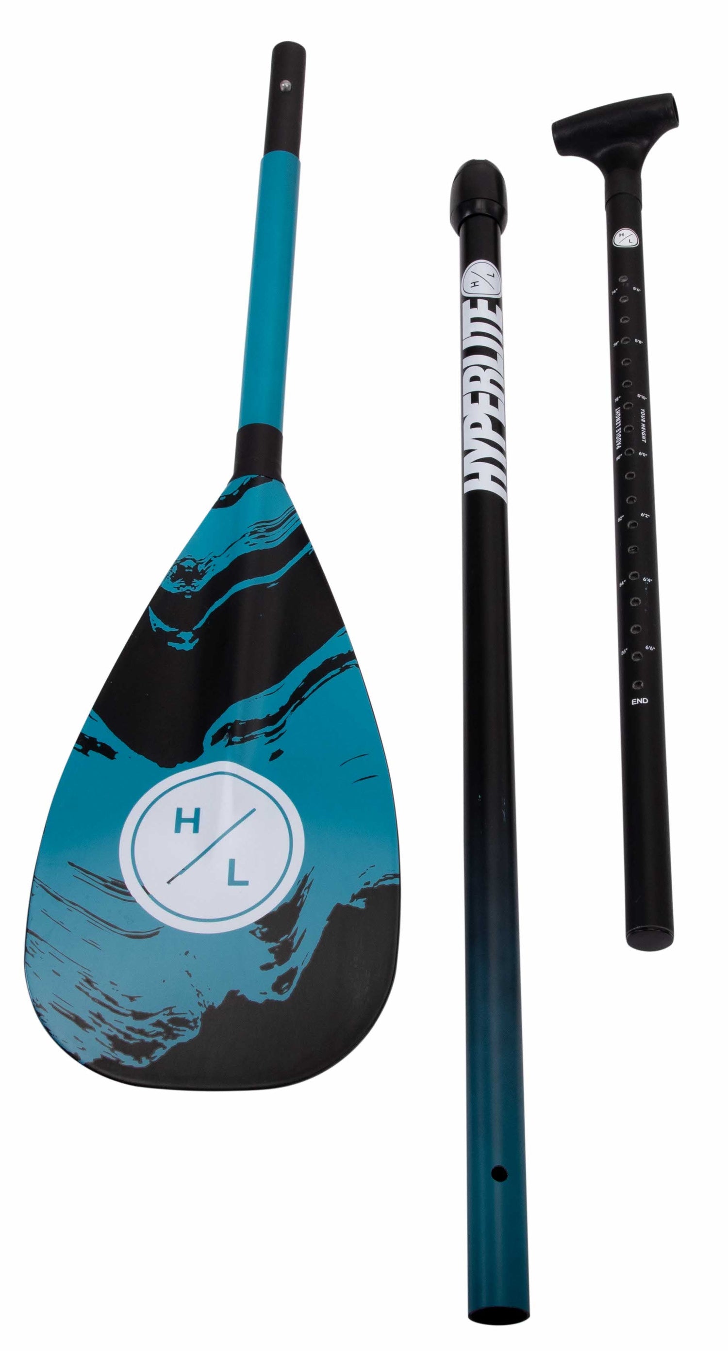 Three-piece adjustable paddle with blue blade and black handle, shown disassembled.