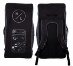 Front and back of black carry backpack with shoulder straps and clear front storage pocket.