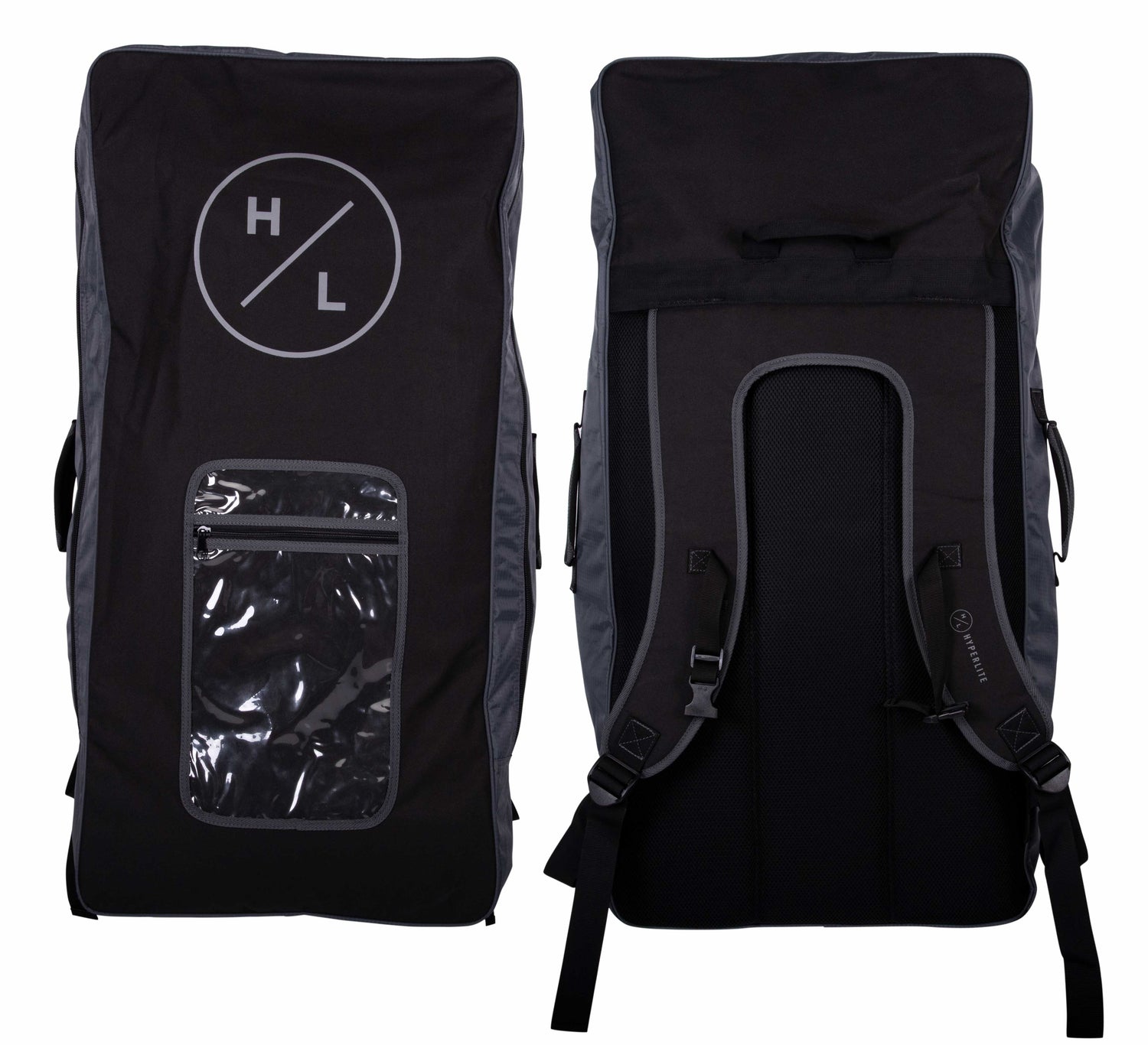 Front and back of black carry backpack with shoulder straps and clear front storage pocket.