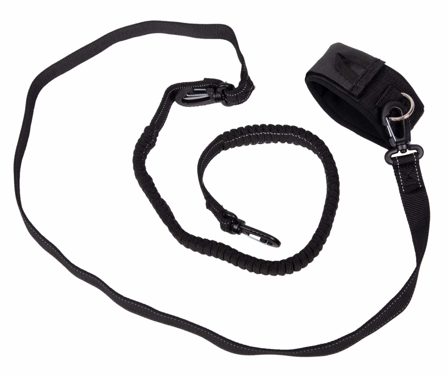 Black coiled safety leash with clips and ankle cuff for paddleboard use.