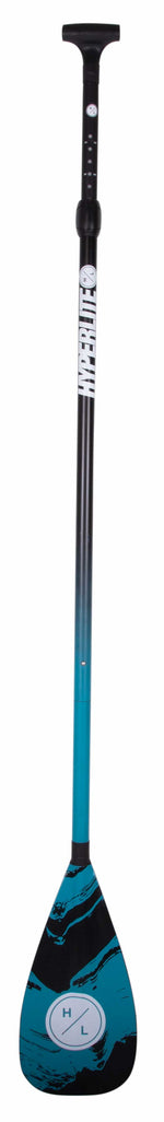 Full view of the adjustable paddle fully assembled with blue blade and measurement markings.