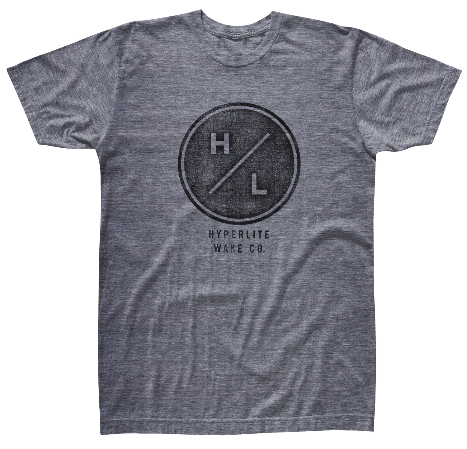 Gray HYERLITE WAKE CO. Outlier Tee Heather in Airlume cotton with a circular HL logo.