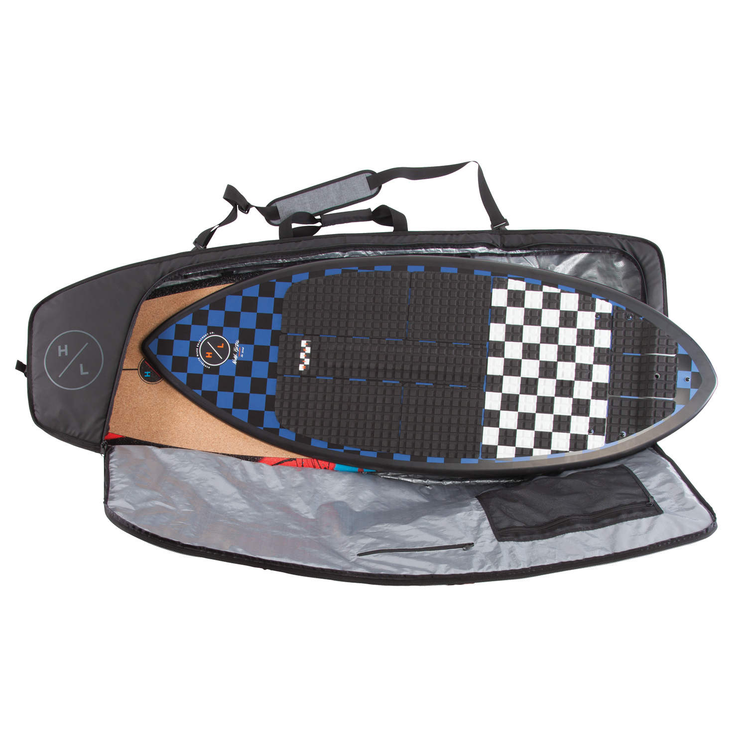 Blue and black wakesurf board in a partially open Wakesurf Travel Bag.