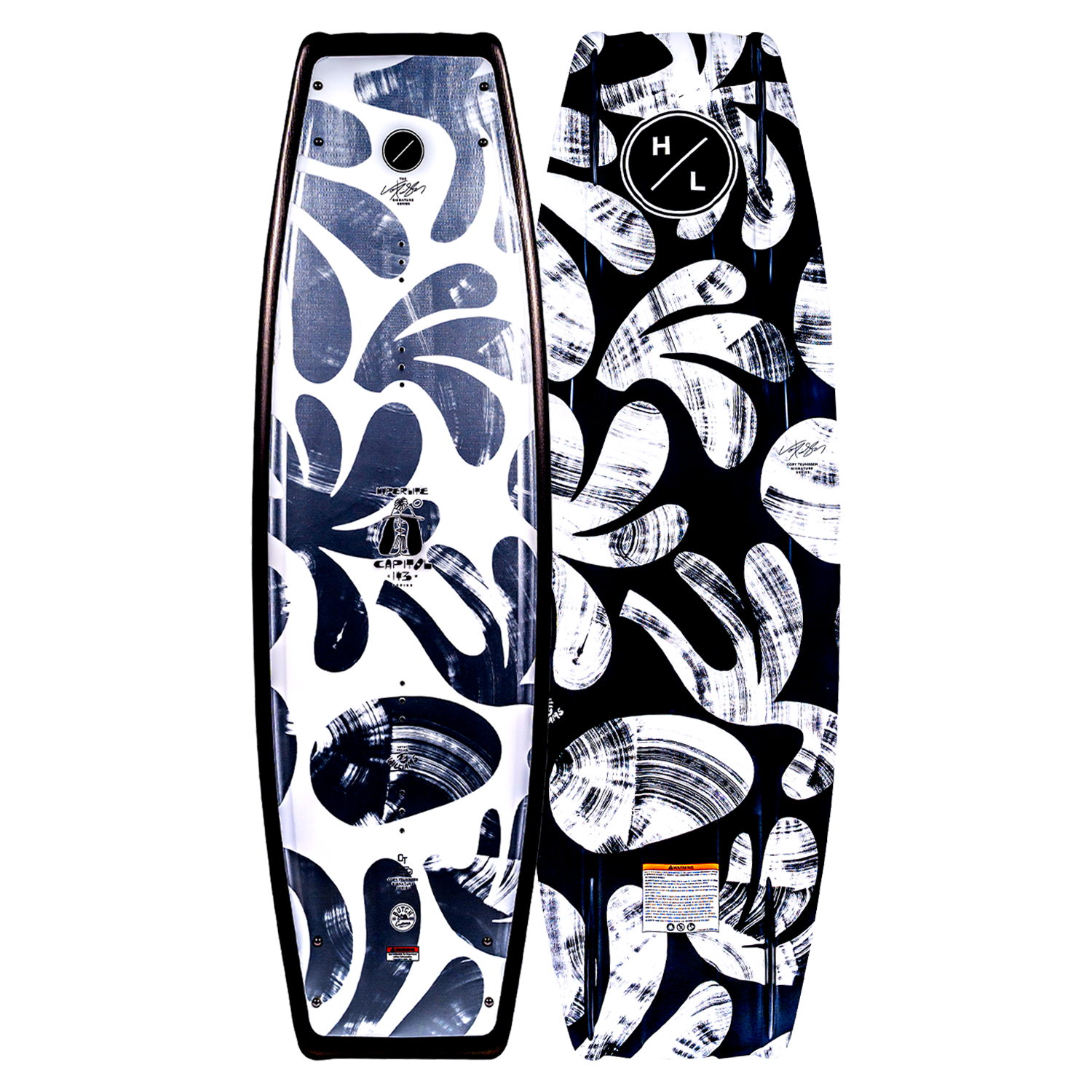 Capitol wakeboard, black & white with abstract leaf patterns.