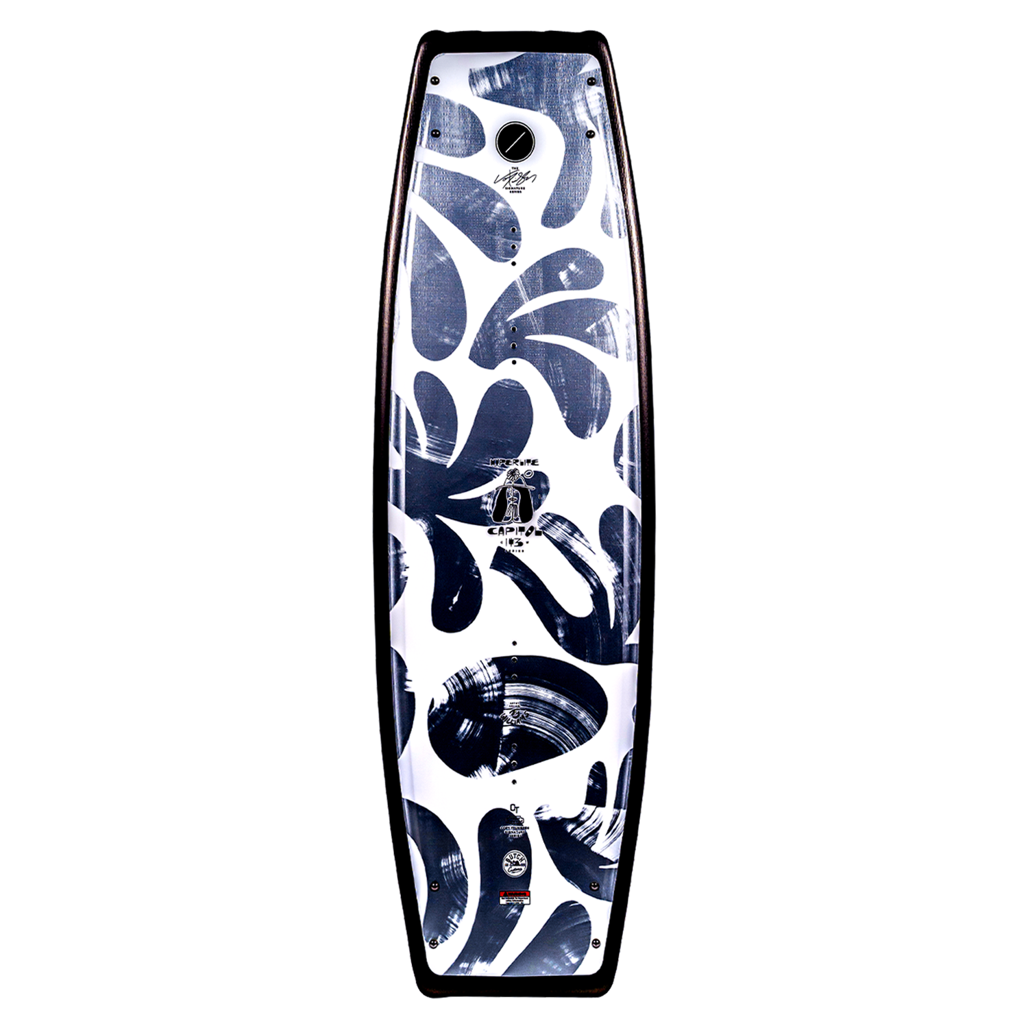 Capitol Wakeboard with black & white abstract design and Dual Concave Base.
