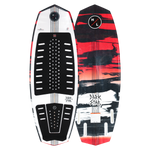 Top and base of handmade Darkstar wakeboard with red, black, and white abstract designs.