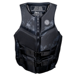 Mens Domain life vest: black, front zipper, buckle straps & neoprene material.