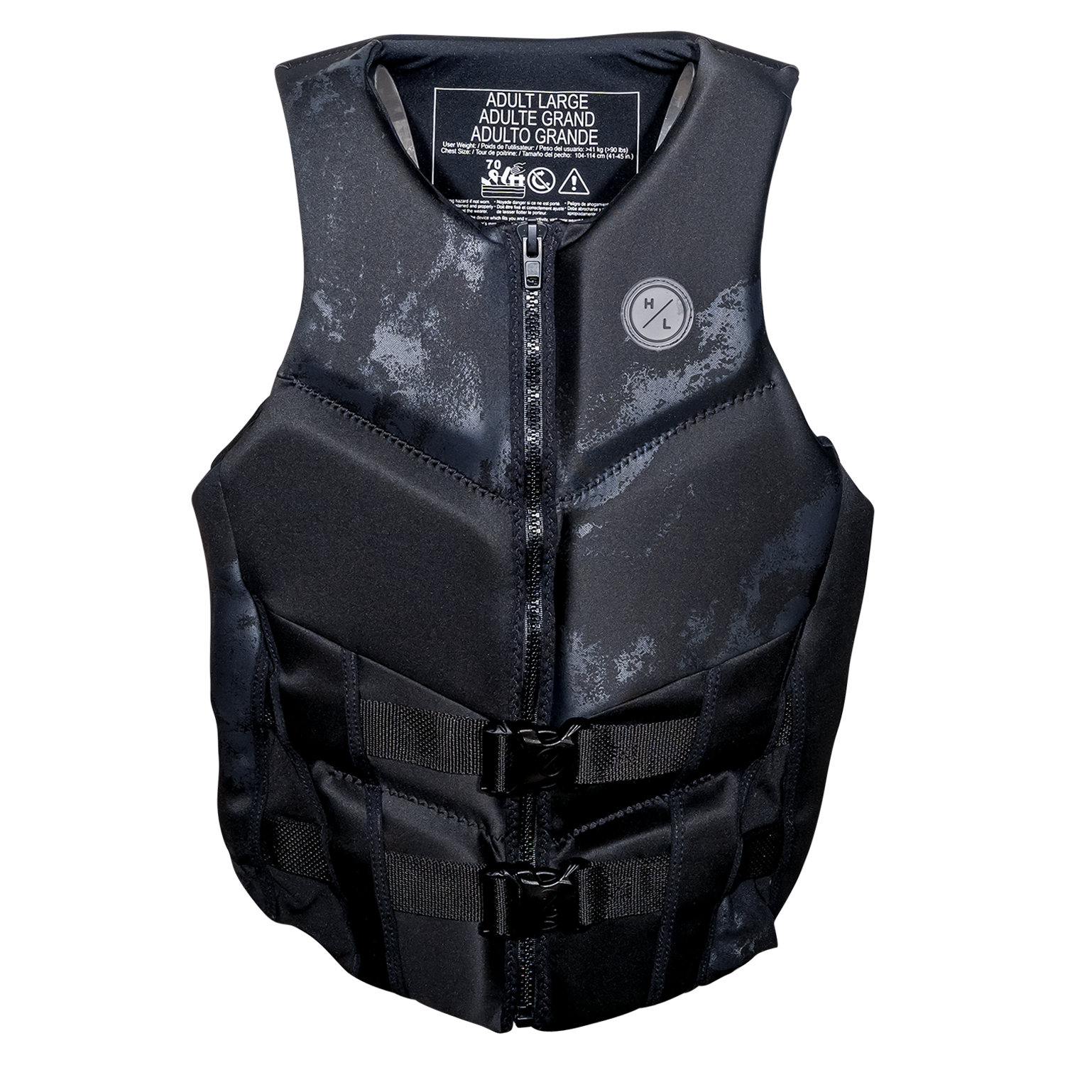 Mens Domain life vest: black, front zipper, buckle straps & neoprene material.