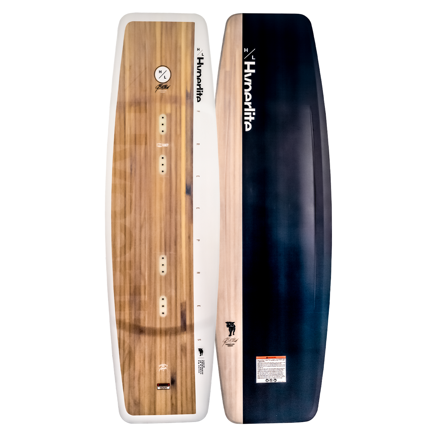 Freepress twin-tip wakeboard with a black and white logo and Blended 3-Stage Rocker.