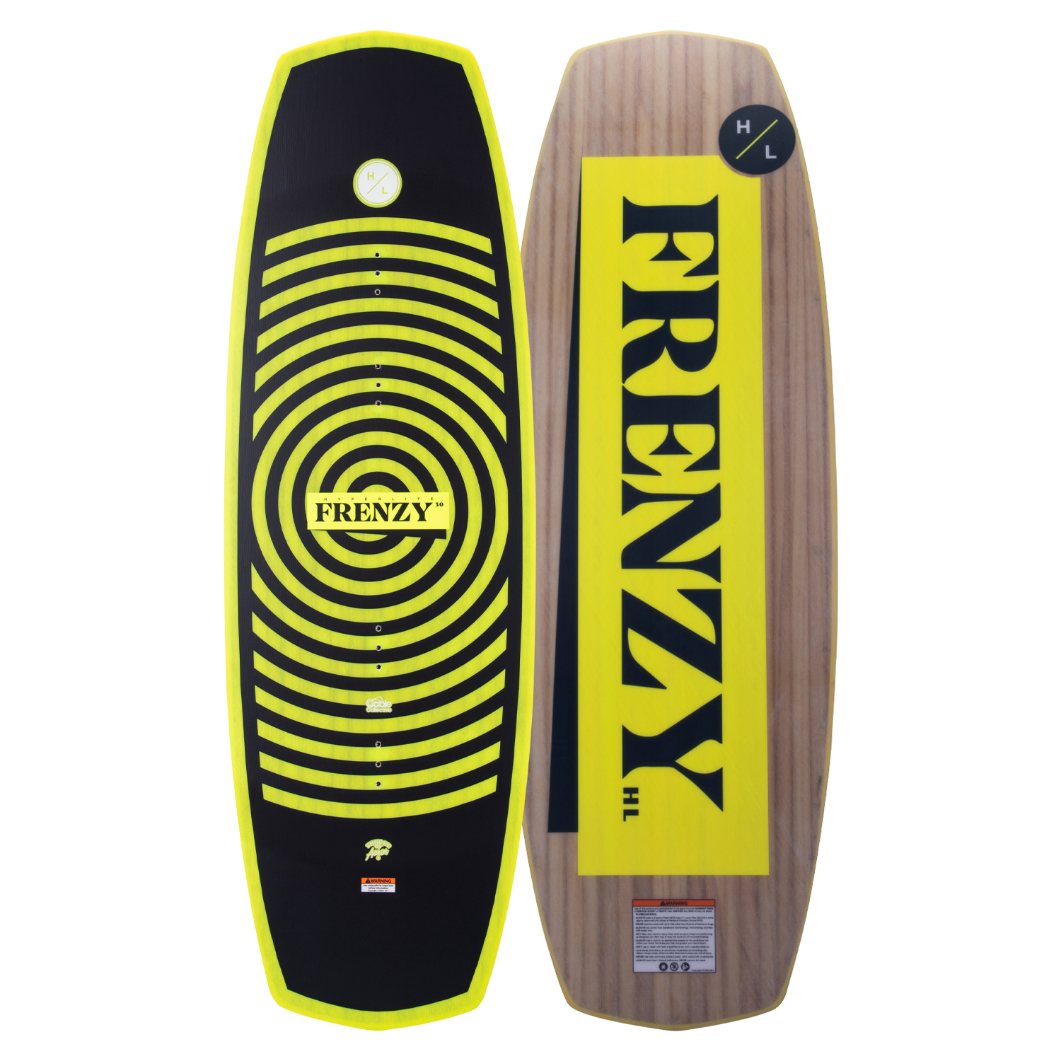 Top and base of Frenzy wakeboard, yellow/black, circular design, Woodlite Core.
