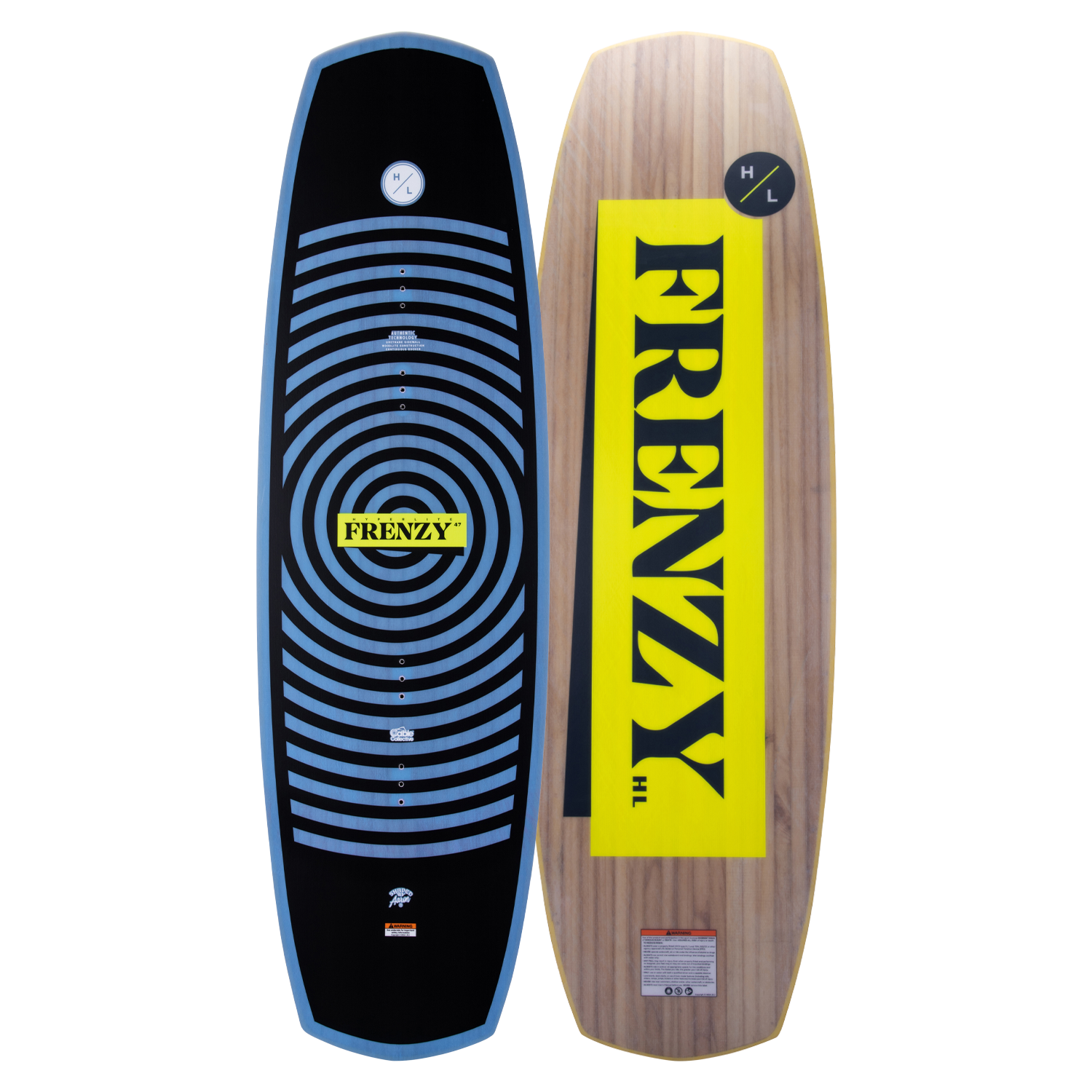 Top and base of wakeboard: one with a cable shape and the other boldly features FRENZY in yellow.