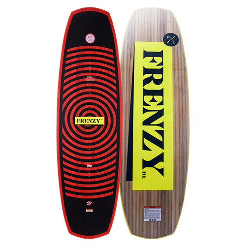 Top and base of Frenzy wakeboard, colorful and sleek with a cable shape.