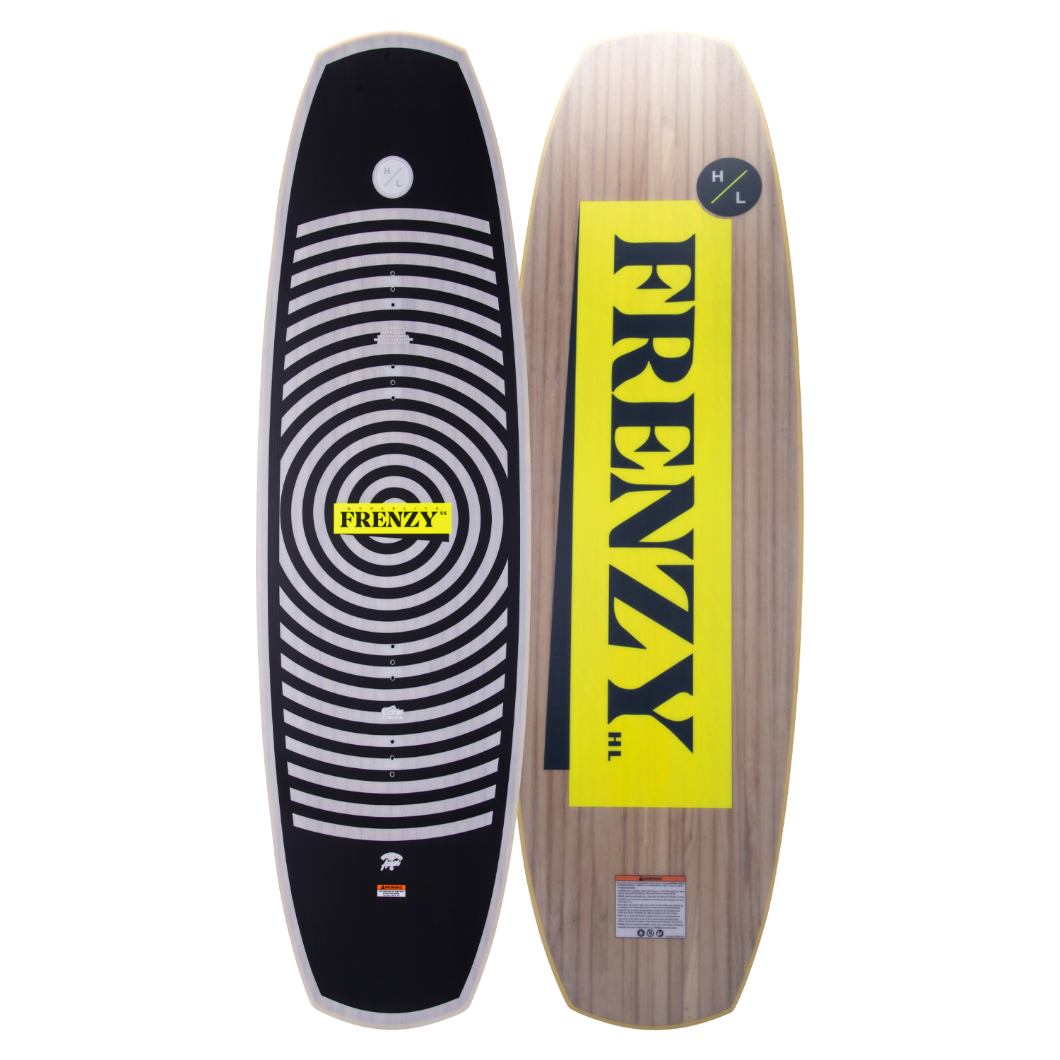 Top and base of the FRENZY: one black circular, the other FRENZY wood-grain with Woodlite Core.