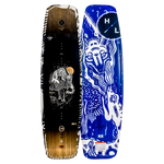 Guara wakeboard with abstract animal designs in black, white, and blue with eco-friendly materials.