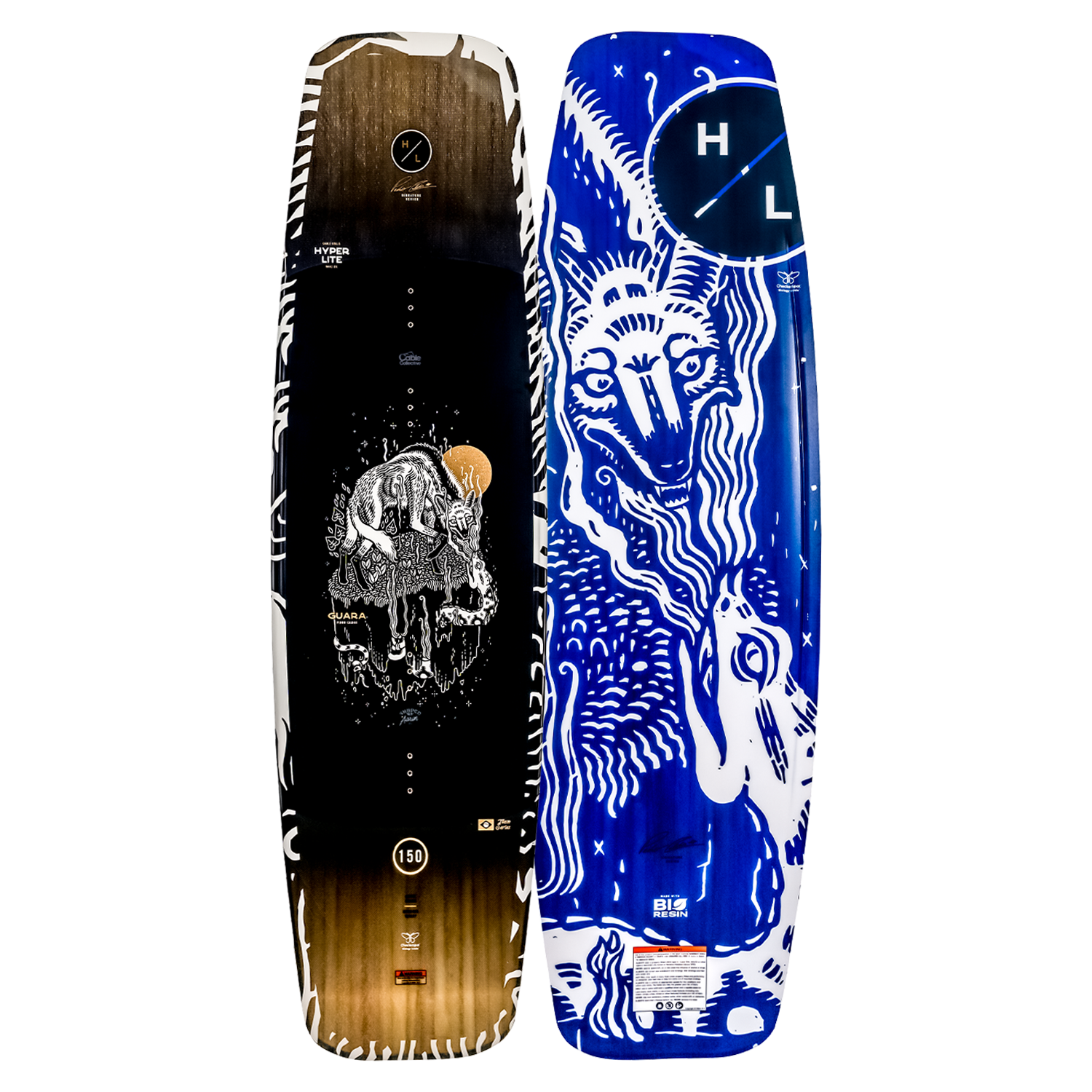 Guara wakeboard with abstract animal designs in black, white, and blue with eco-friendly materials.