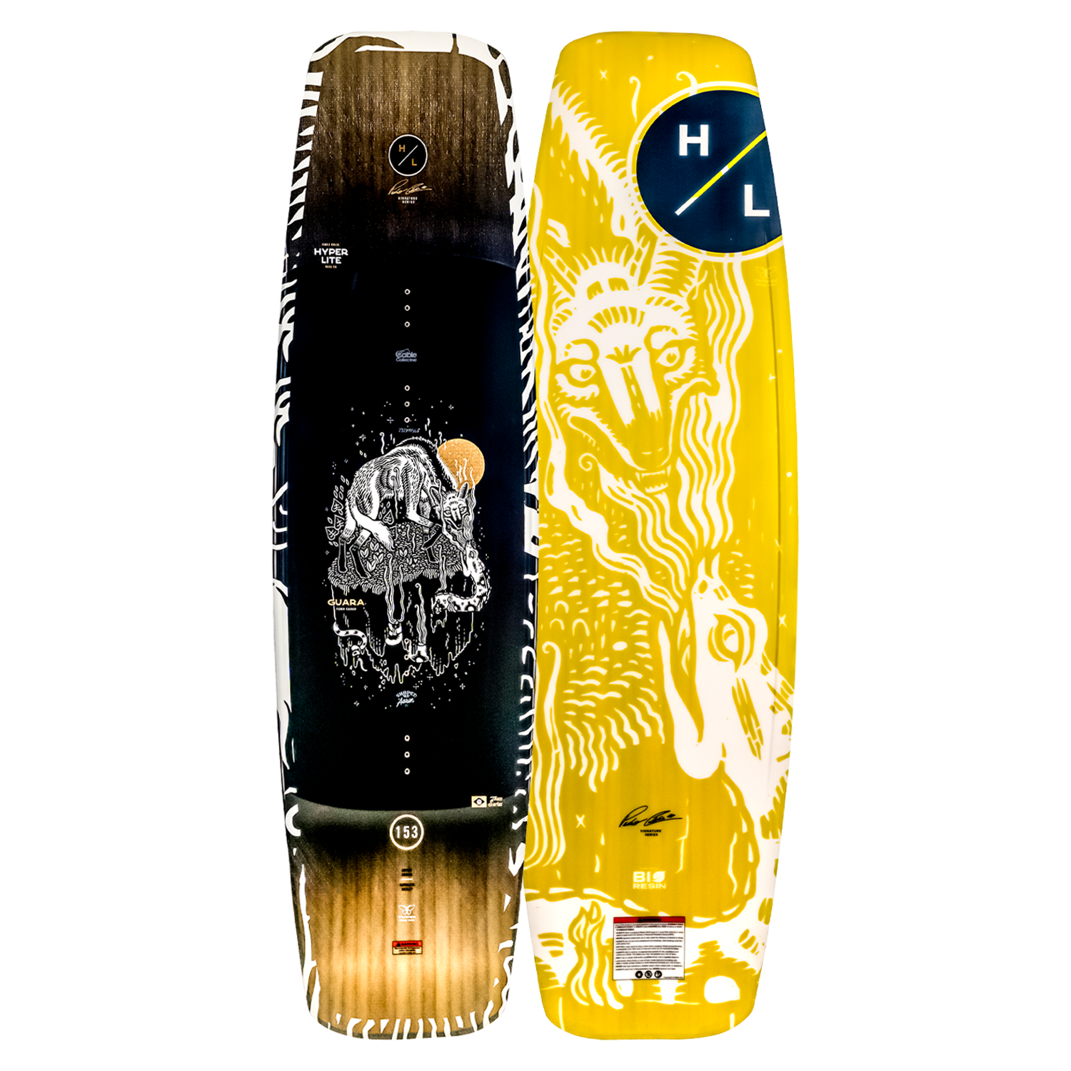 Top and base of Guara wakeboard with eco-friendly black and yellow graphic designs.