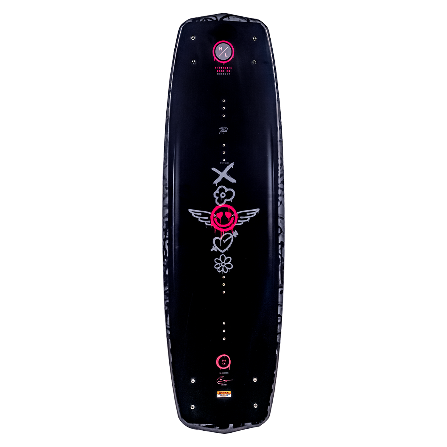 Journey wakeboard, black with pink/white graphics of a flower, winged heart & Satin Flex.