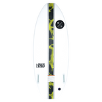 Lobo wakeboard: white, yellow/green camo stripe, logo, black circle mark.