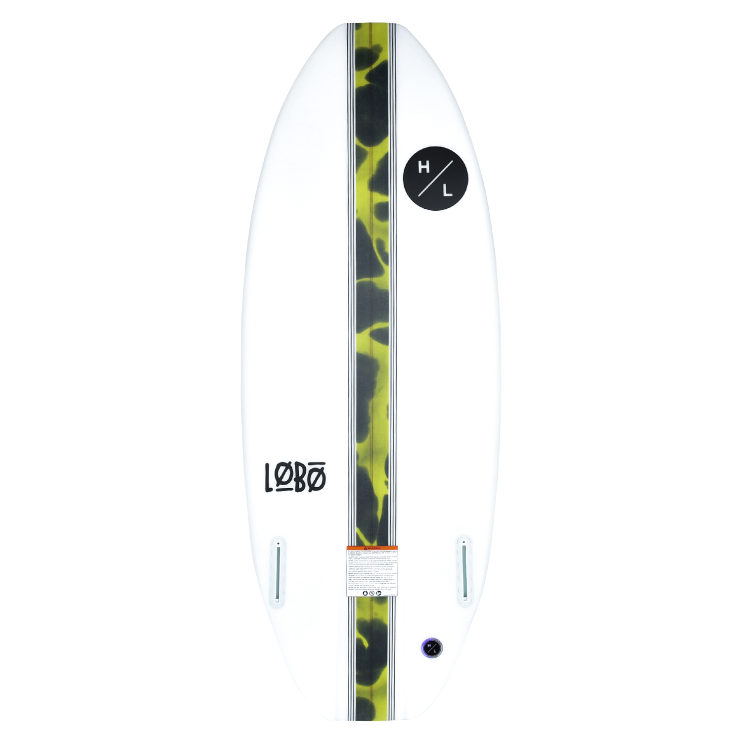 Lobo wakeboard: white, yellow/green camo stripe, logo, black circle mark.