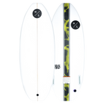 Top and base of Lobo white wakeboard with a green camo stripe, featuring a twin fin design.