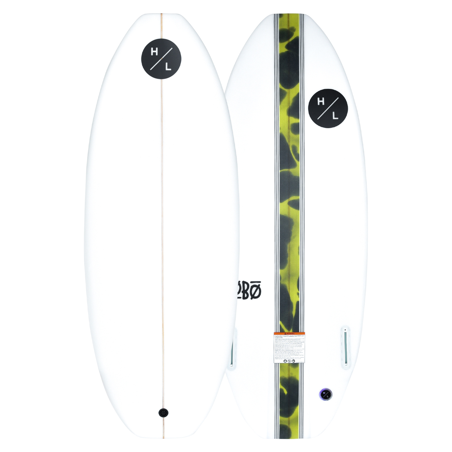 Top and base of Lobo white wakeboard with a green camo stripe, featuring a twin fin design.