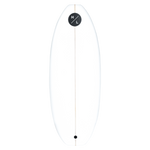 Minimalist Lobo wakeboard with twin fin, white with small black logo on top.