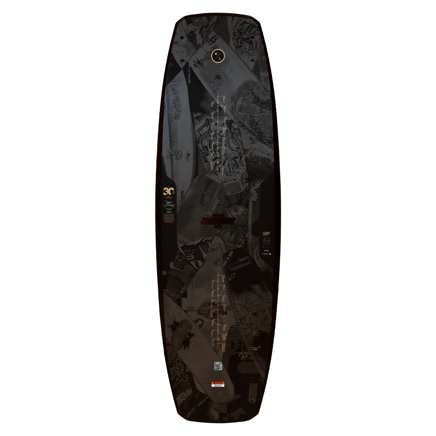 Top view of Murray Pro Loaded board featuring dark graphic collage and subtle timeline details.
