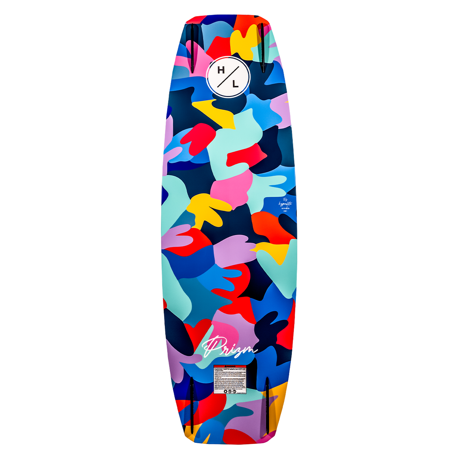 Prizm wakeboard with abstract multicolored hand patterns and logo at the top.