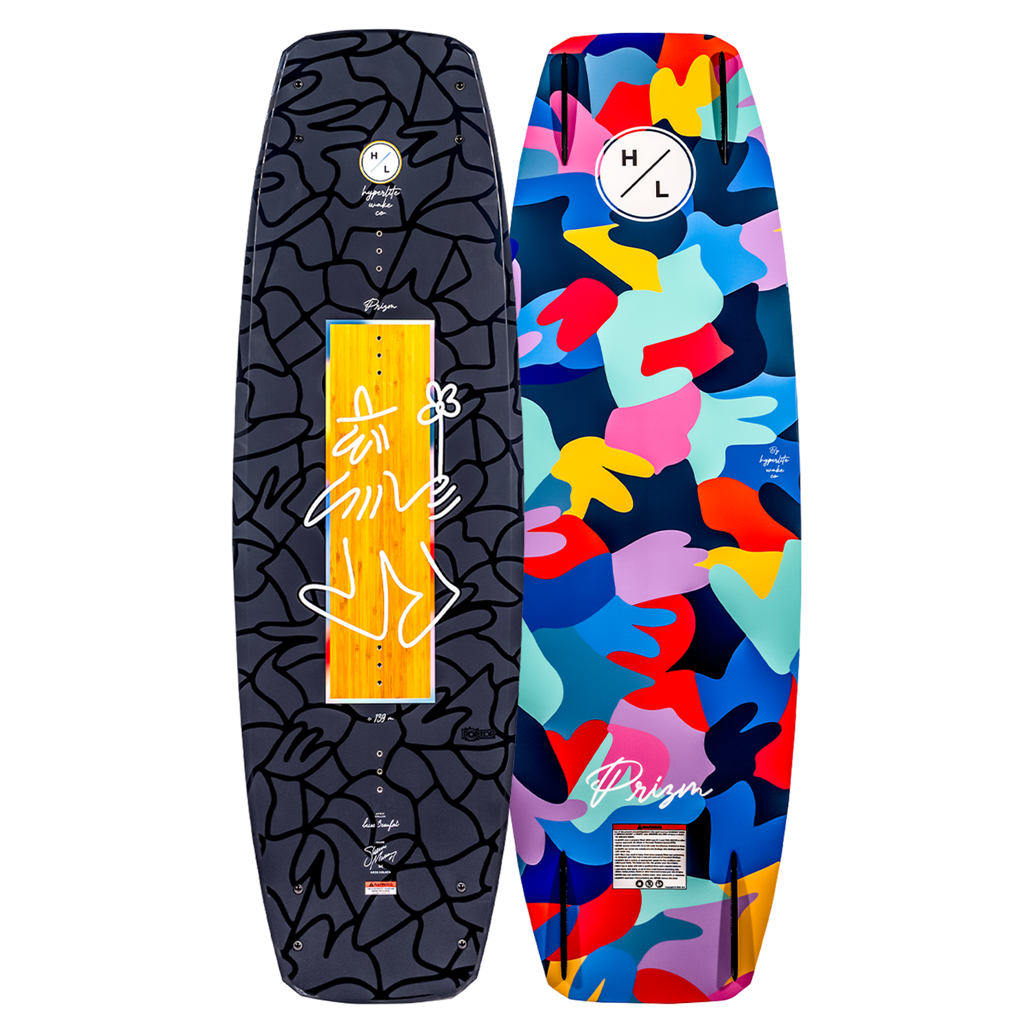 Top and base of abstract-design Prizm wakeboard with logos.