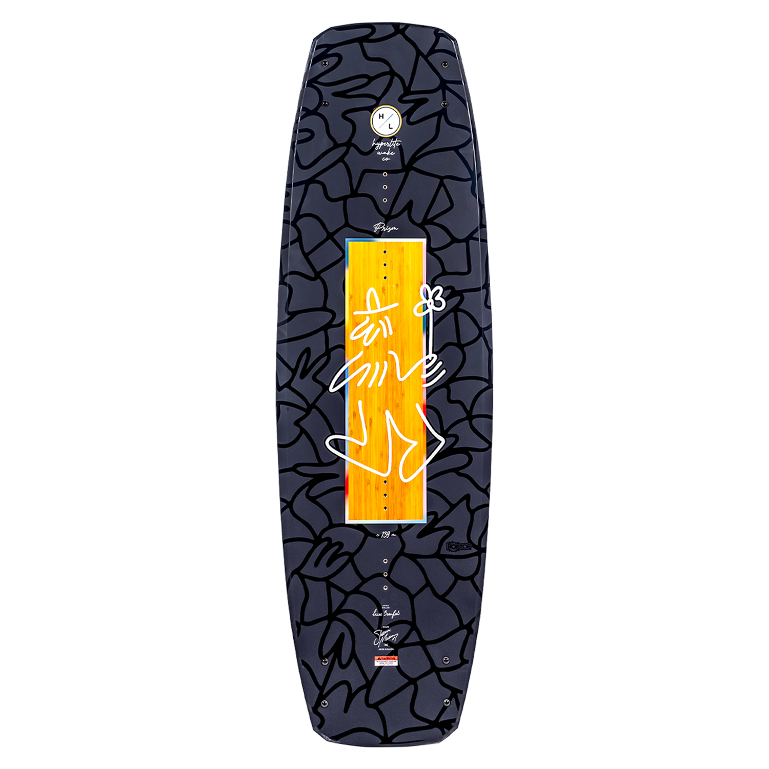 The Prizm wakeboard with abstract black patterns and an orange rectangle is perfect for fans.