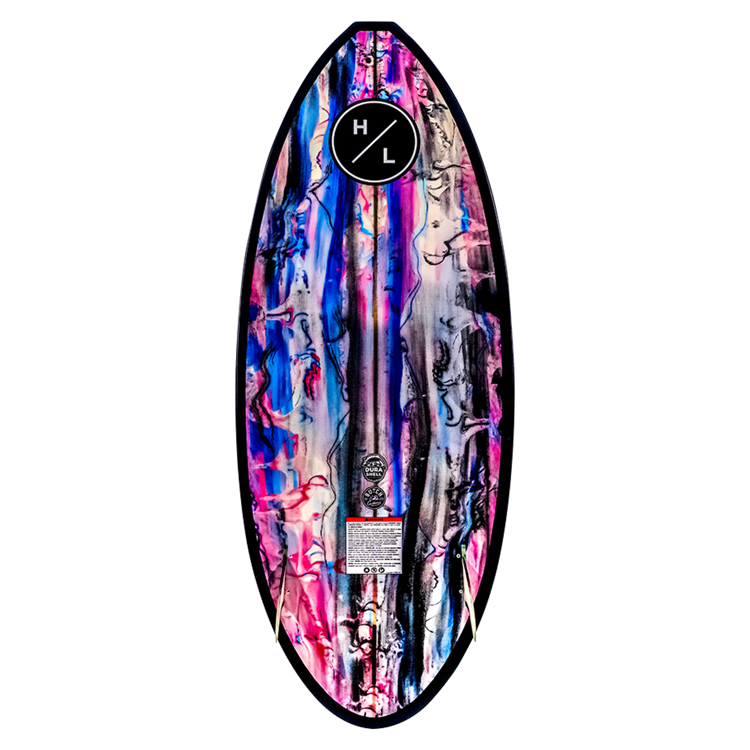 Ranger wakeboard with pink, blue, black patterns and thruster fin setup.