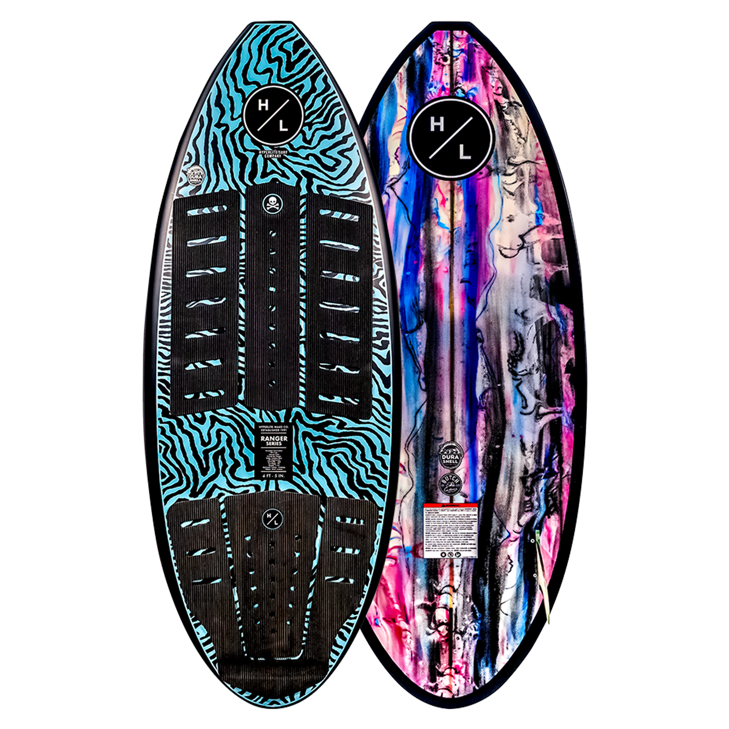 Ranger wakeboard have abstract patterns, HL, and DuraShell Construction.