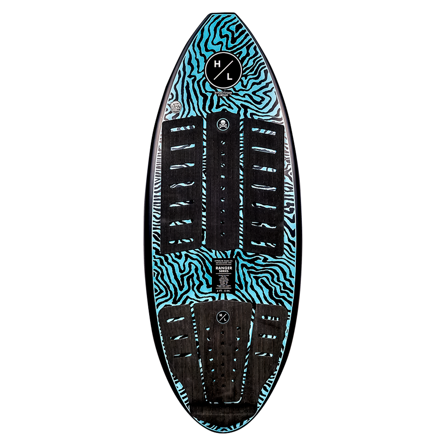 Ranger wakeboard with zebra stripes, black foot pads, logo, and DuraShell Construction.