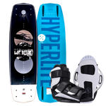 Hyperlite Sender wakeboard w/Formula Bindings, blue & black with palm tree graphics.