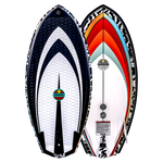 Top and base of Shim Jr. wakeboard with colorful geometric patterns, featuring EPS Core design.