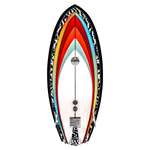 Shim wakeboard in multicolor with a bold crossover design and logo near the top.