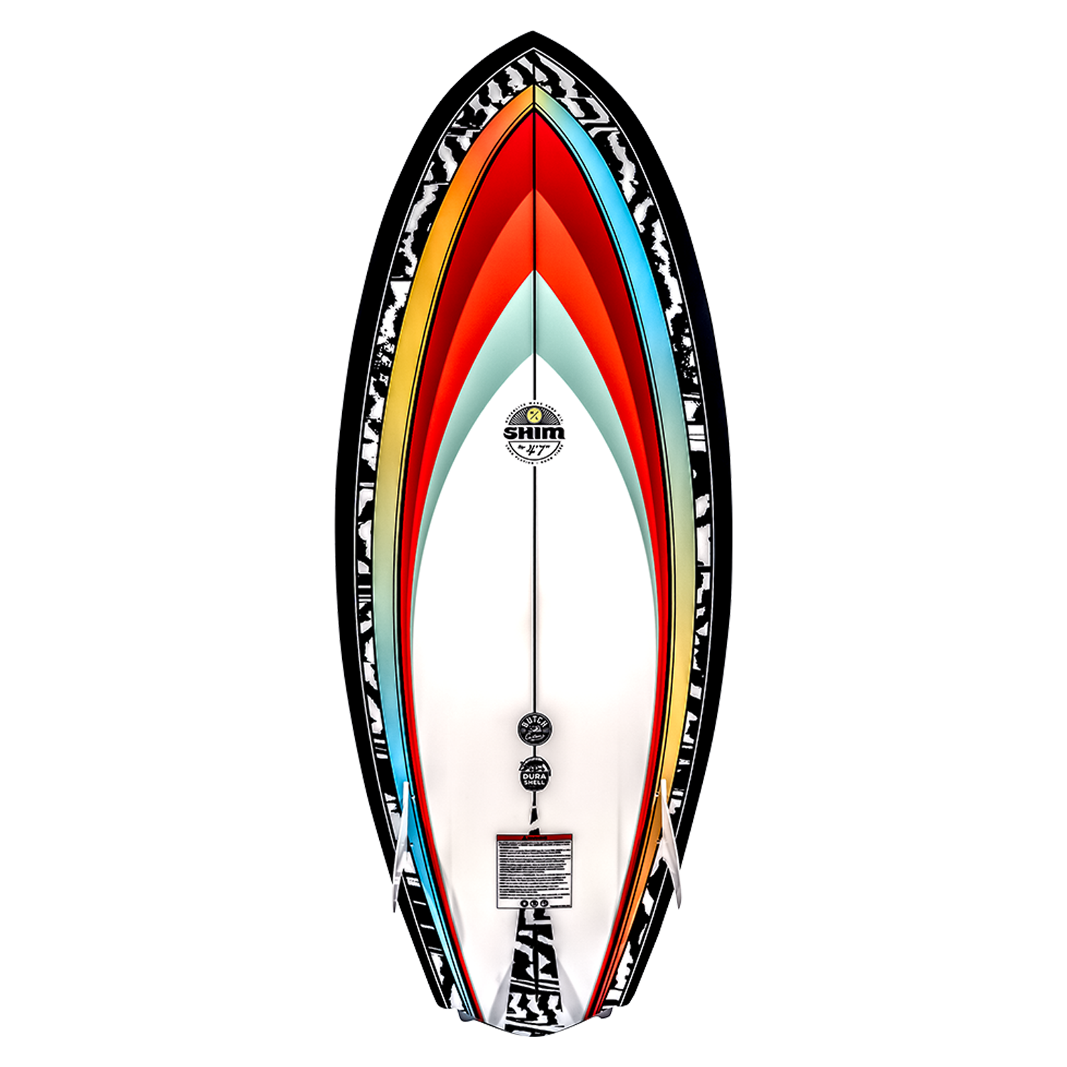 Shim wakeboard in multicolor with a bold crossover design and logo near the top.